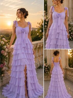 Lavender Tiered Ruffle Maxi Dress with Tie-Strap Shoulders